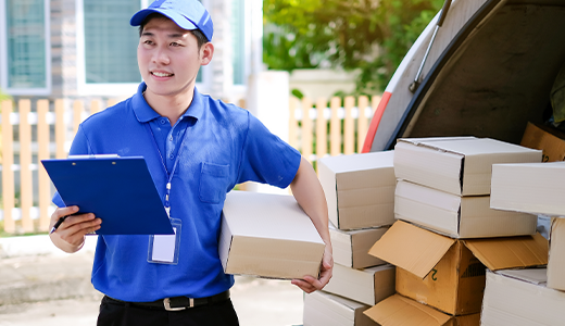 荷物を抱えてチェックをする男性配達員